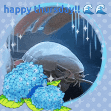 a happy thursday greeting card with a picture of a bug and blue flowers