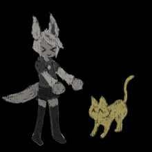 a drawing of a girl standing next to a yellow cat