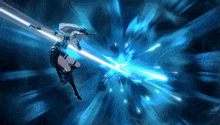 a woman is flying through the air while holding a sword
