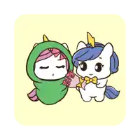 a cartoon drawing of two unicorns one holding a cup of chocolate and the other holding a bag of chips