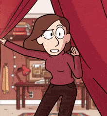 a cartoon of a woman standing behind a red curtain .