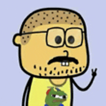 a cartoon man with glasses and a mustache is wearing a yellow shirt with a green frog on it .