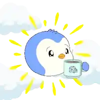 a cartoon penguin is holding a cup of coffee with an igloo on it
