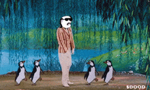 a cartoon of a man standing next to three penguins with the words $ dood below him