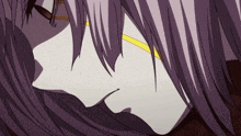 a close up of a person 's face with purple hair and glasses