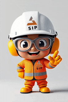 a cartoon character wearing a hard hat and ear muffs says sip