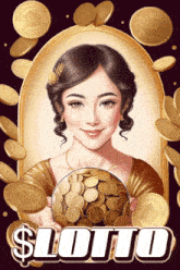 a woman is holding a bowl full of gold coins and the word lotto is on the bottom