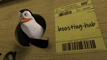 a penguin is sticking its head out of a hole next to a boosting-hub label