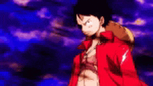 monkey d luffy from one piece is wearing a red jacket with a monkey d luffy hat on his head .