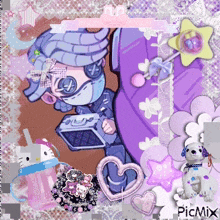 a picture of a girl wearing a mask is surrounded by pink and purple objects