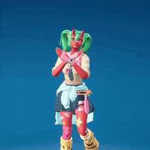 a girl with green hair and horns is kneeling with her hands in the air