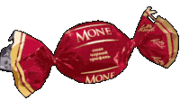 a red and gold mone candy is wrapped in red paper