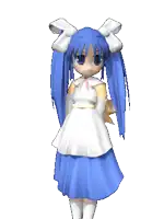 a cartoon character with blue hair and a yellow bow