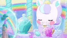 a cartoon unicorn is sitting in a chair with a cup in her hand