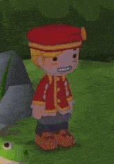 a cartoon character wearing a red hat and a red coat is standing in the grass .