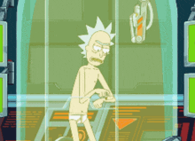 a cartoon character without a shirt is standing in a glass container with money falling around him