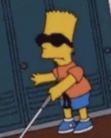 bart simpson is wearing sunglasses and holding a white cane .