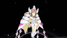 a girl in a white and pink armor is holding a white object
