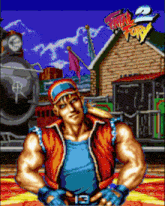a pixel art drawing of a man in front of a sign that says fatal fury