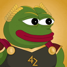 a green frog with a gold laurel wreath and the number 42 on his chest