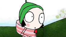 a cartoon character with a green hat and striped shirt