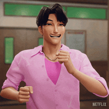 a man in a pink shirt with a netflix logo in the corner