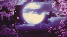 a full moon surrounded by purple flowers in a purple sky