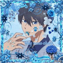 a picture of a boy with blue flowers and the words heynene chan