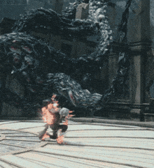 a video game scene with a monster and a person with flames