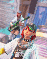 a girl with red hair is holding a guitar in a video game while another girl stands in the background .