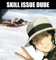 a man in a hat is giving a peace sign in front of a bloody scene .