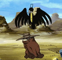a cartoon of a man in a cowboy hat standing in front of a black bird