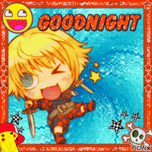 a cartoon character with a sword and the words goodnight