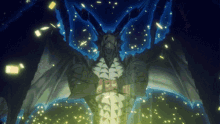 a dragon with wings is surrounded by glowing lights in a dark room