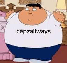 a fat cartoon character from family guy is standing in a living room with his arms outstretched .