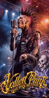 a man with a mohawk singing into a microphone with the words valley punk 88 customs below him