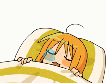 a cartoon of a girl laying in bed with a blanket