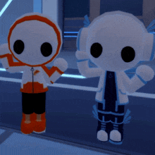 two cartoon characters standing next to each other with one wearing headphones and the other wearing boots