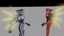 two robots are standing next to each other with yellow lights coming out of their wings