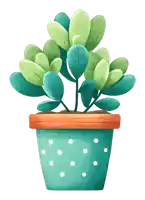 a plant in a blue pot with white polka dots on it