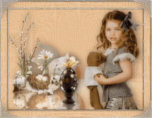 a little girl is holding a teddy bear in front of a vase with flowers