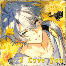 a picture of a boy with a flower in his hair and the words " i love you "