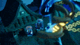 a couple of cartoon characters standing in front of a house