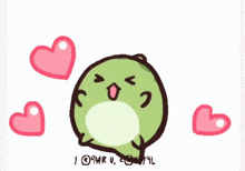 a green frog is surrounded by pink hearts and says i love you on the bottom