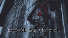 a red and black superhero with the words revol has arrived