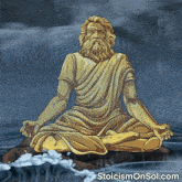 a statue of a man sitting in a lotus position with stoicismonsol.com in the corner
