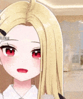 a close up of a blonde anime girl with red eyes and chinese writing