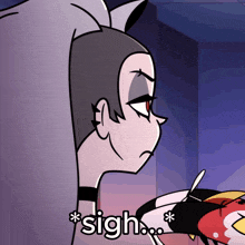 a cartoon character with the word sigh on the bottom