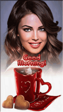 a picture of a woman and a cup of coffee with the words good morning on it