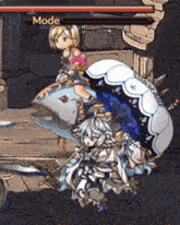 a girl is riding a whale in a video game with the word mode above her